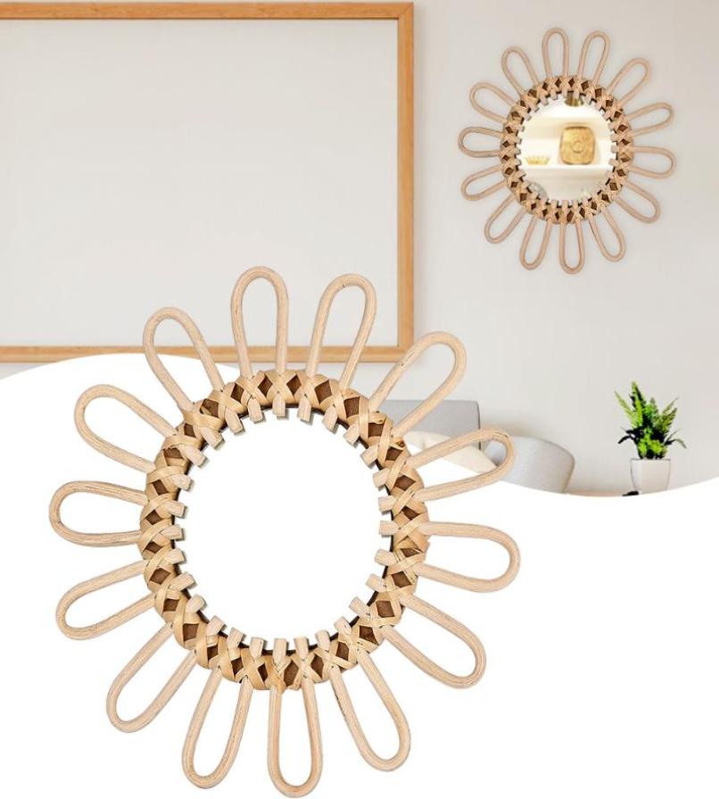 

Mirrors Rattan Round Makeup Mirror Innovative Art Decoration Dressing Bathroom Wall Hanging Crafts Drop Home Decor