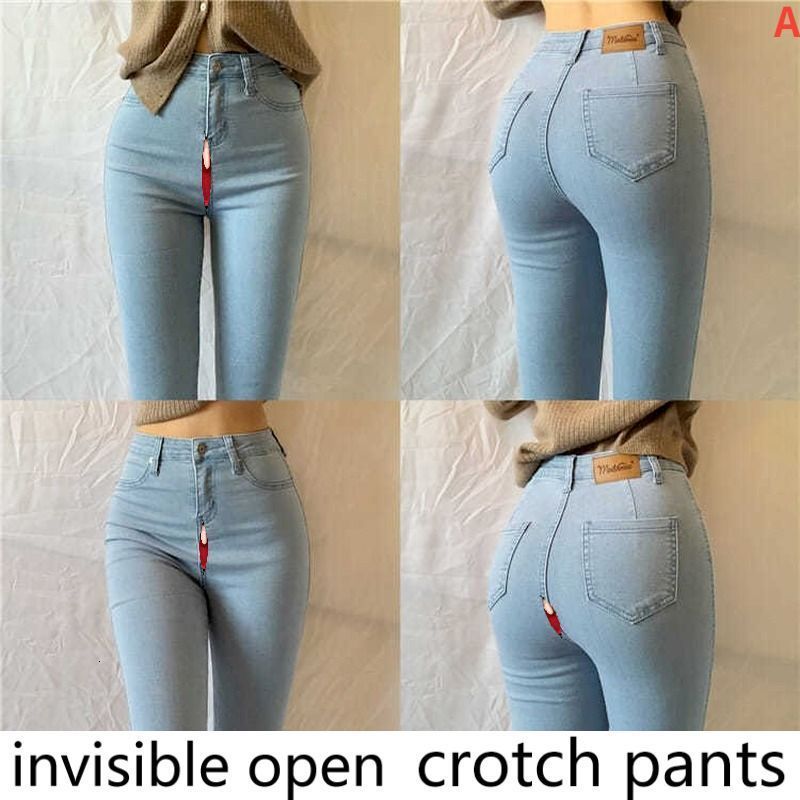 

Women's Jeans OpenCrotch Pants plus Size European and American Style High Waist Peach Hip Stretch Light Blue Denim Trousers 230111, Black ninepant