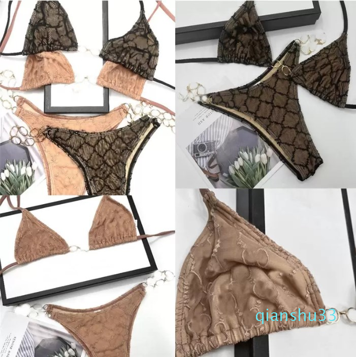 

Luxury Embroidery Bikini Set Letters Metal Chain Beachwears Women Split Bikini High Waist Thong Swimsuits 2 Piece Set