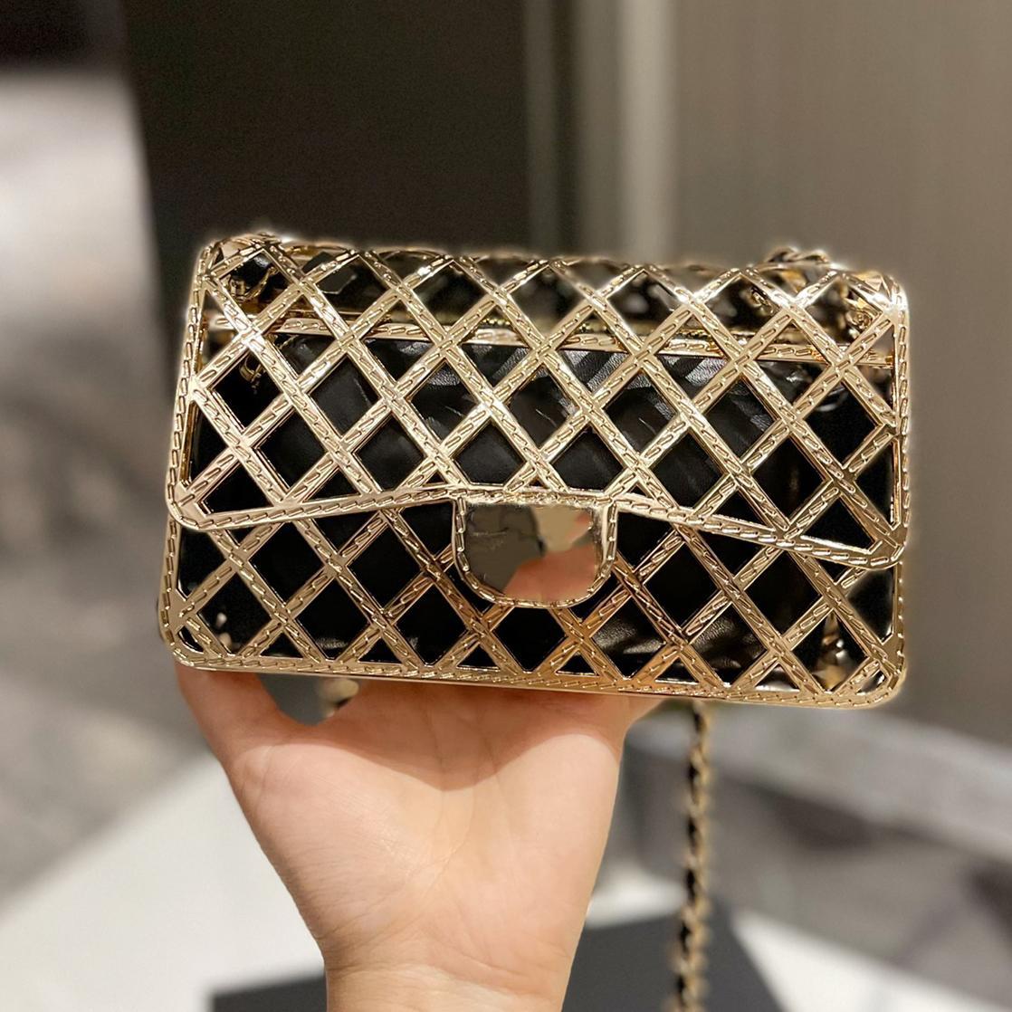 2022Ss Tendance De Luxe Sacs À Rabat Top Or Métal Creux Tissé Doublé Zipper Sac En Cuir Classique Vérifier Chaîne Messenger Sac Senior Designer D