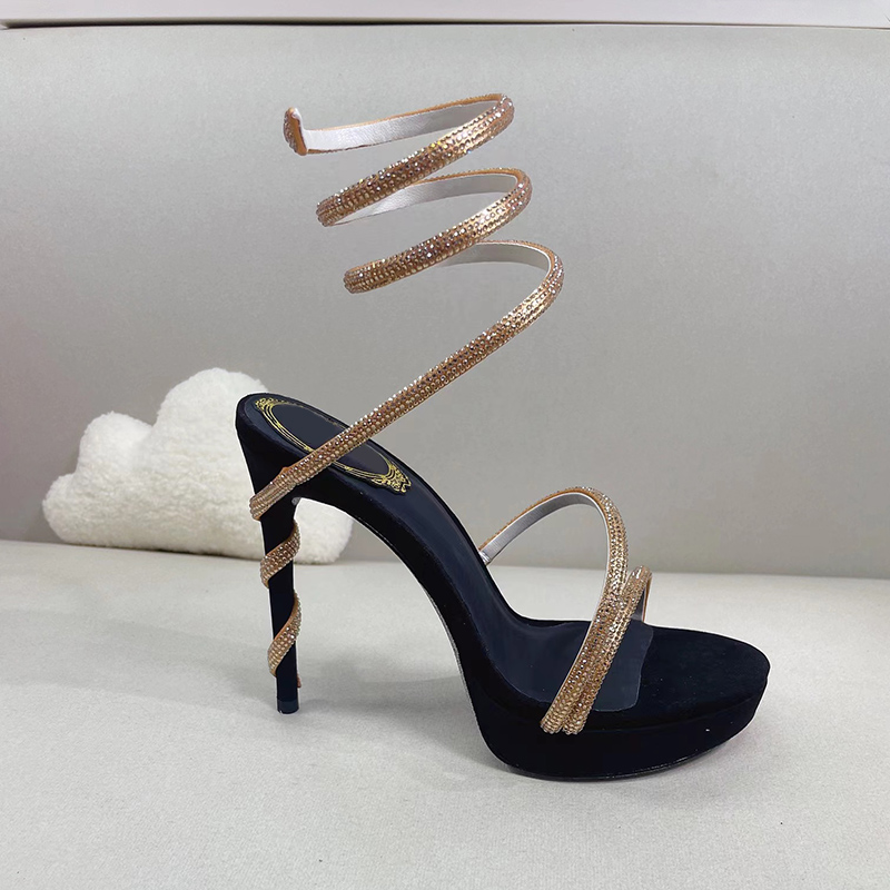 

13cm women stiletto heel sandals platform sandals Fashion luxury designer dress shoes satin snake shaped coiled rhinestone party wedding shoe 39, Gold