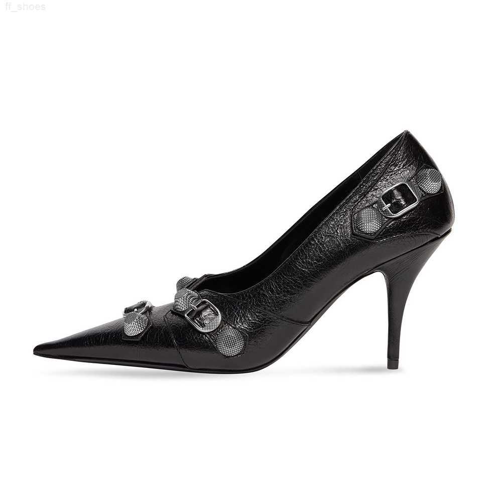 

2023 Belt Buckle Rhinestone Decoration Formal Shoes Women's Leather Pointed Thin High-heeled Shoes Party Black Luxury Designer 9cm Pumps High, Black+rhinestone