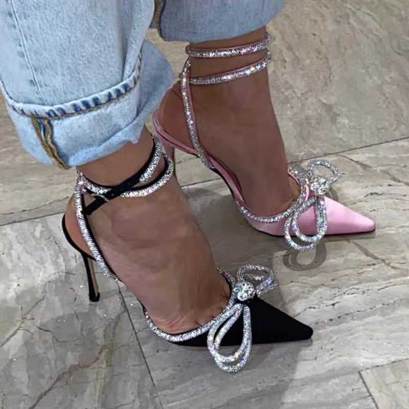 

2023 Runway Style Glitter Rhinestones Women Pumps Crystal Bowknot Satin Summer Lady Shoes Genuine Leather High Heels Party Prom Shoes, Pink