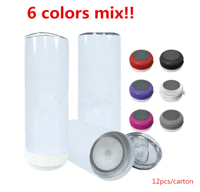 

local warehouse sublimation Bluetooth speaker tumbler 20oz straight tumblers 5coloful Audio Stainless Steel bottom enjoy your music 6 colors, White