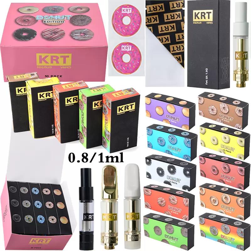 

KRT Vape Cartridge Donuts Packaging Atomizers E Cigarettes 0.8ml 1ml 10 Strains Glass Tank Vaporizer Dab Wax Cigarette Thick Oil Carts With Sticker Empty