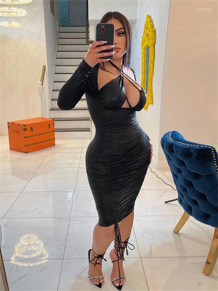 

Casual Dresses Aualay Fall Black For Women 2023 Halter Faux Leather Long Sleeve Hollow Out Dress Club Outfit Bodycon Bandage Midi