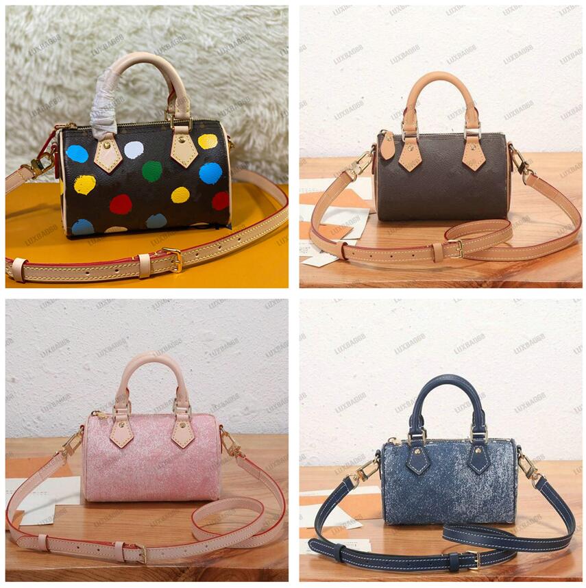 

Cross Body YK Multicolor Dots Nano Speedy Mini Boston Bag Bandouliere 16cm 2023SS Yayoi Kusama Shoulder Bag Designer Pink Blue Denim Jacquar, Color-01