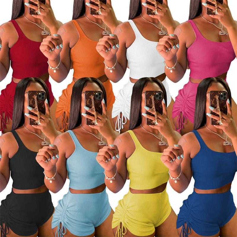 

Womens Solid Color T Shirt Tracksuits Designer Summer Shorts Yoga Outfits Casual Jogging Suits With Wrinkle And Tie Rope On Shorts, Yellow