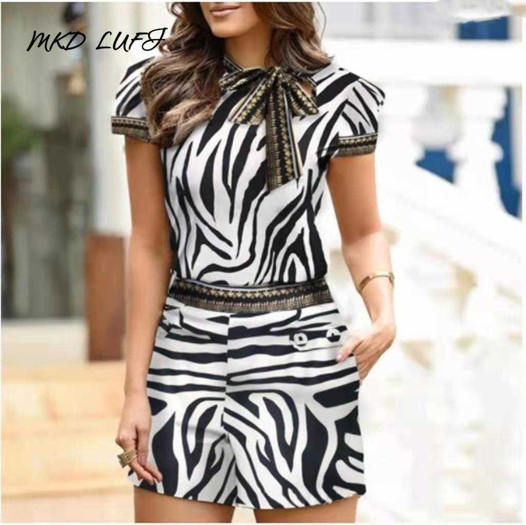 

Two Piece Dress Zebra Print Ribbon Top Pocket Design Shorts Set T230113, Geometry