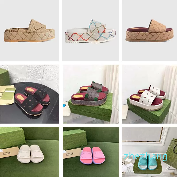 

Designer Slippers Colorful Womens Platform Fashion Sandals Mid Heel High 55mm Canvas Strap Box Sandals, #9