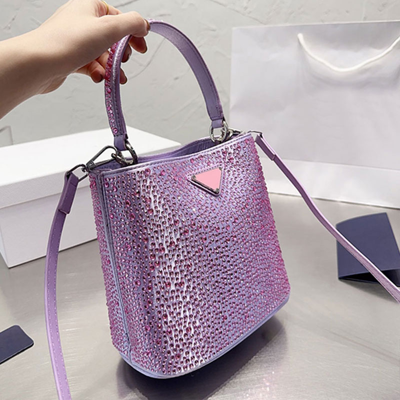 

Full Drilling Bucket Bag Women Handbag Crossbody Bags Fashion Letter Triangle Decoration Removable Leather Shoulder Strap Diamante Clutch Lady Tote Purse, 19*17cm