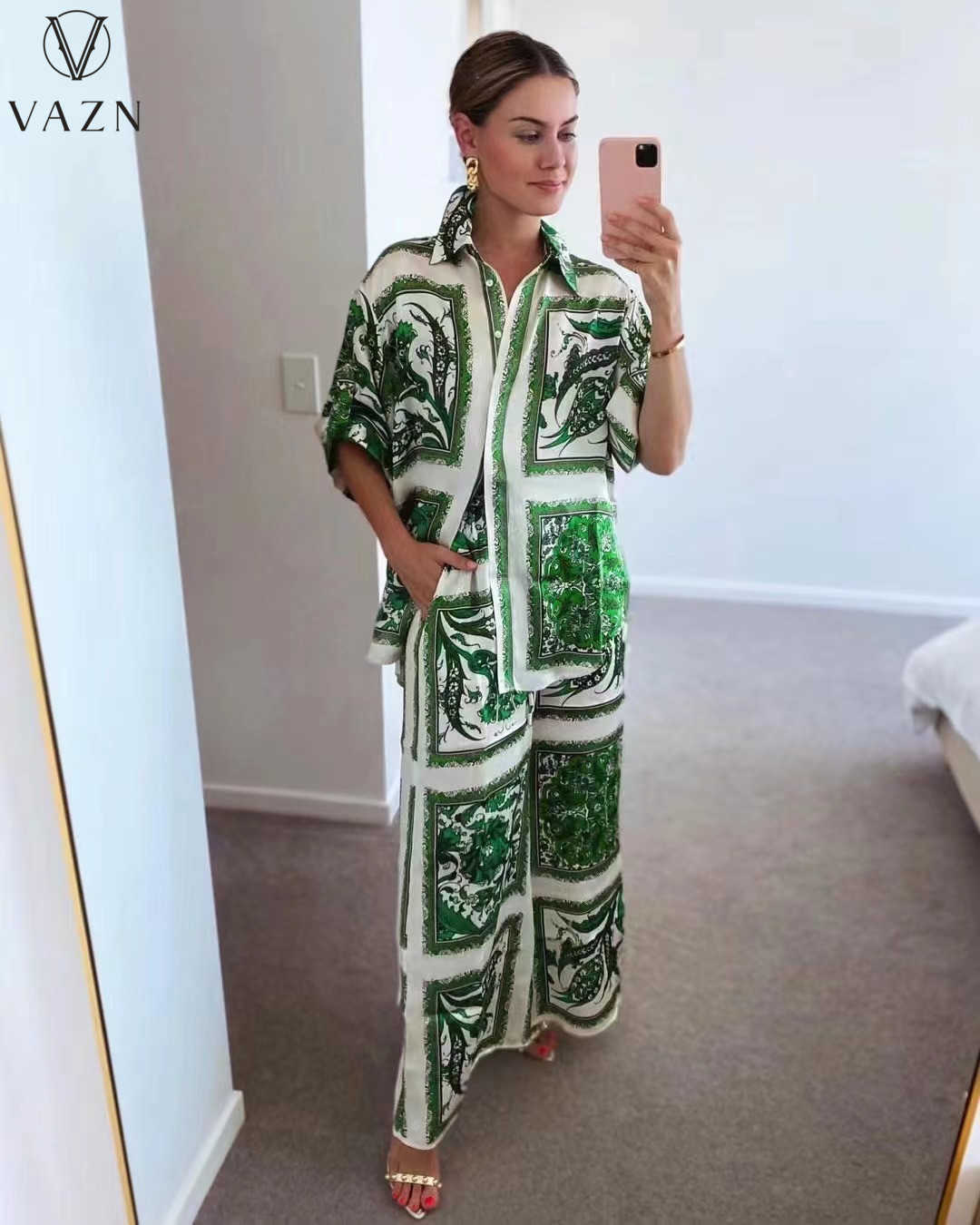 

Two Piece Dress 2022 European and American Street Casual Style Sets Long Sleeve Lapel Top Elastic Long Pants Printed 2 Piece Set T230113, Blue
