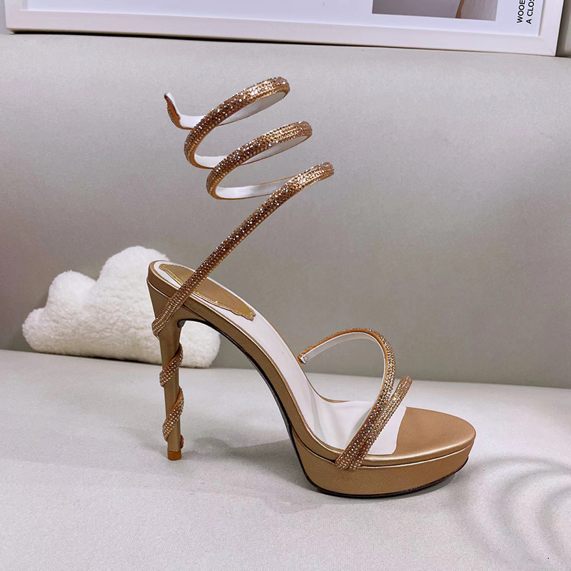 

Classic rhinestone stiletto sandals Women platform sandals Fashion Gold super high heels Luxury designer dress shoes Satin snake shaped coiling fashion party, White