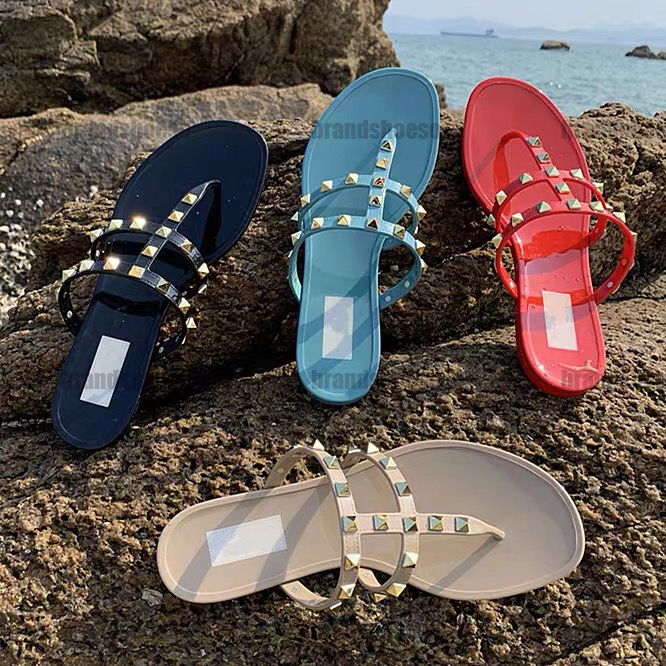 

Sandals Fashion Women Rivets slipper ladies Flat jelly candy color Slippers thong sandals Girls Flip Flops studded Summer Shoes Beach Valentinoe''Valentinoity