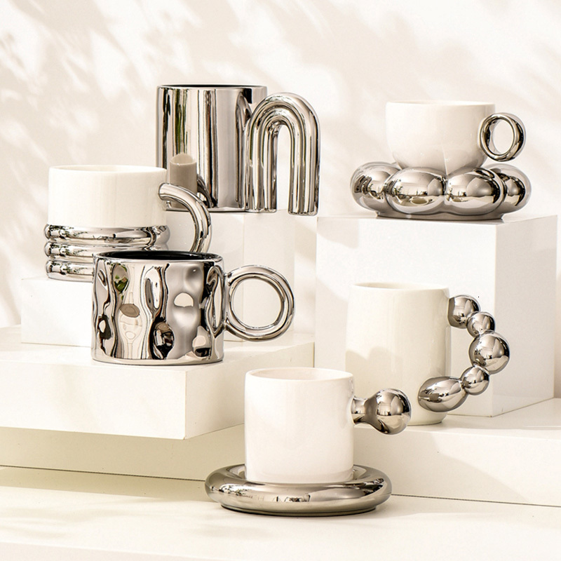 

Mugs Personalized Silver Ceramic Coffee Cup For Drinking Tea In The Afternoon Nordic Style Teacher Gift 230113, 200-500ml