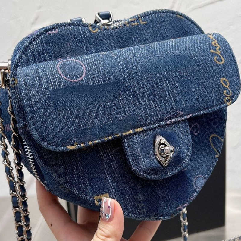 

Luxury denim shoulder bag women fashion chain crossbody bags designer handbag heart shaped clutch lady 18cm purse, Large dark 18 16cm