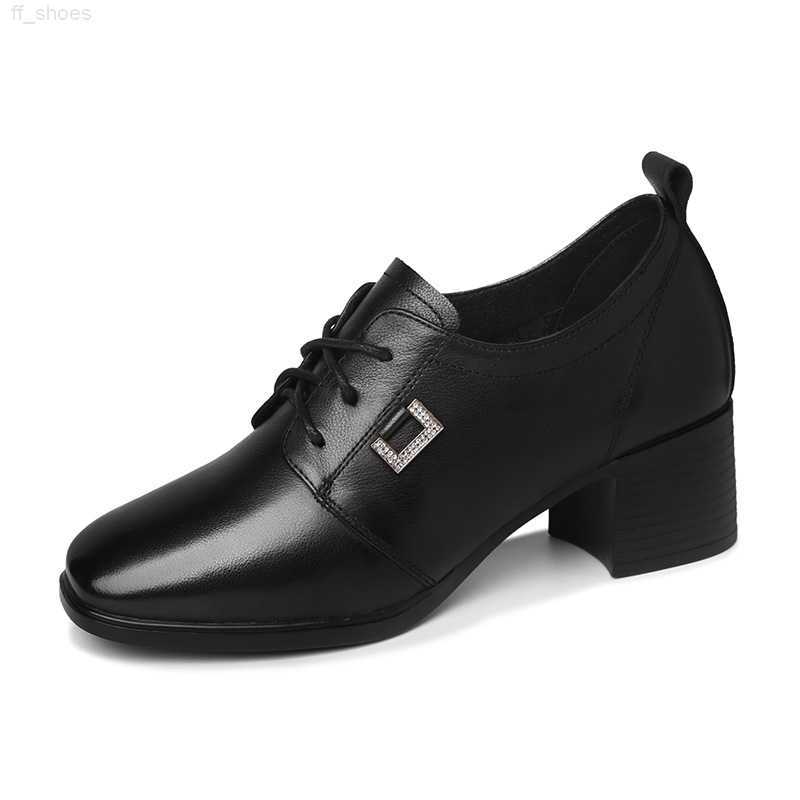 

2023 Fashionable Lacing for Comfort Top Layer Cowhide Square Head Coarse Single Shoe Lace-up Solid Color Women's Shoes Platform Women's Shoes
