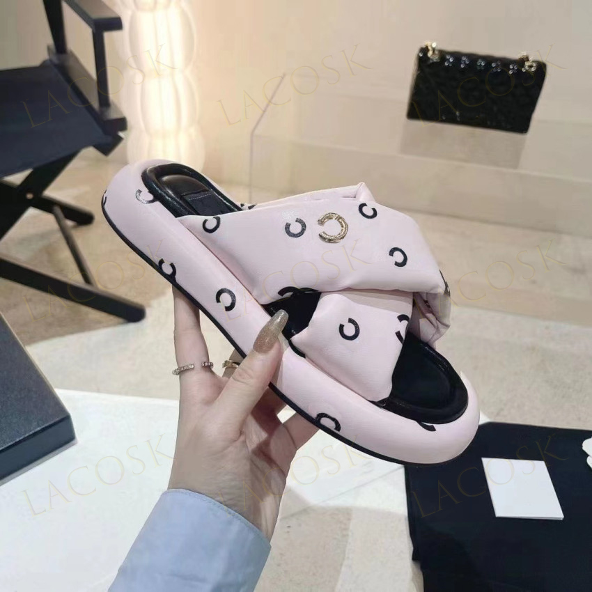Genuine Leather Designers Slippers for Womens Cross Letter Platform Shoes Soft Quality Sandals Thick Summer Slipper with Box 35-40