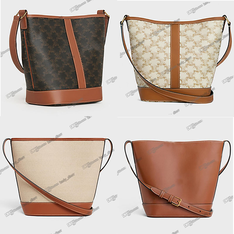 

Medium Bucket Bags Triomphe Striped Textile Khaki Small Bucket Cuir Smooth Leather Textile Natural Tan Crossbody Shoulder Bag Adjustable Strap