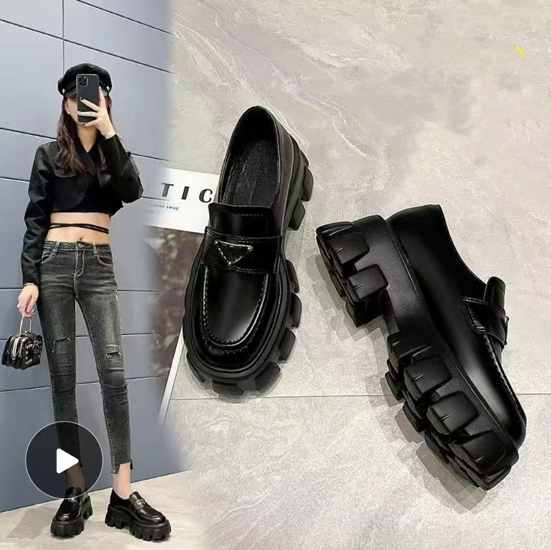 

Designer Shoes Men Women Soft Cowhide Platform Sneakers P Triangle Loafers Rubber Black Shiny Leather Chunky Round Head Sneaker Thick Bottom Shoe, Box