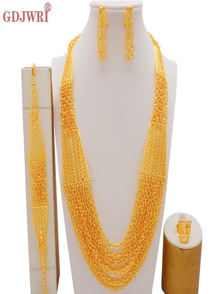 

Wedding Jewelry Sets Luxury African Dubai Gold Color Set For Women Tassel Necklace Bracelets Earrings Bohemia Indian Bridal Jewell3339016