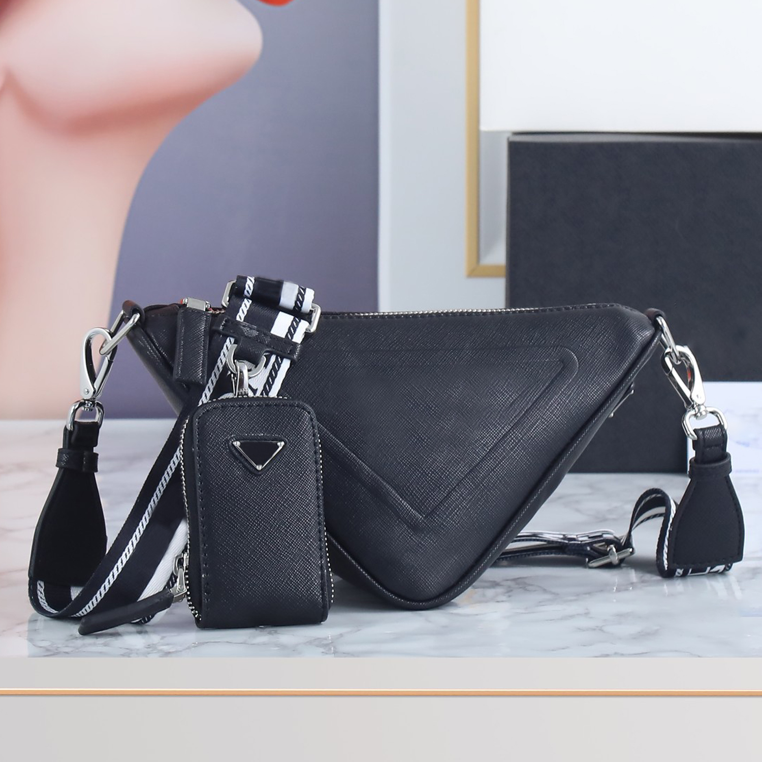 

7A Luxury Designer Bags Genuine Leather Solid Color Crossbody Triangle Handbags With Mini Coin Purse, White