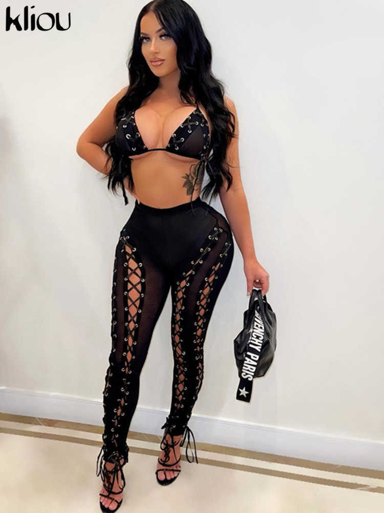 

Two Piece Dress Bandage Mesh Patchwork Two Piece Sets Women Sexy V-Neck Lace Up Bra Top See Through Sheath Seductive Pants Clubwear Suits T230113, Black