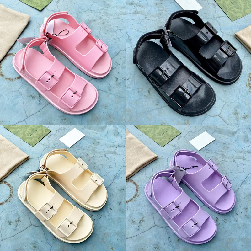 

Women Sandals Mini Double G Rubber Shoes Designer Platform Hook&Loop Sandal Jelly Solid Black Purple With Two Straps Buckles Flat Slide 299, Color 3