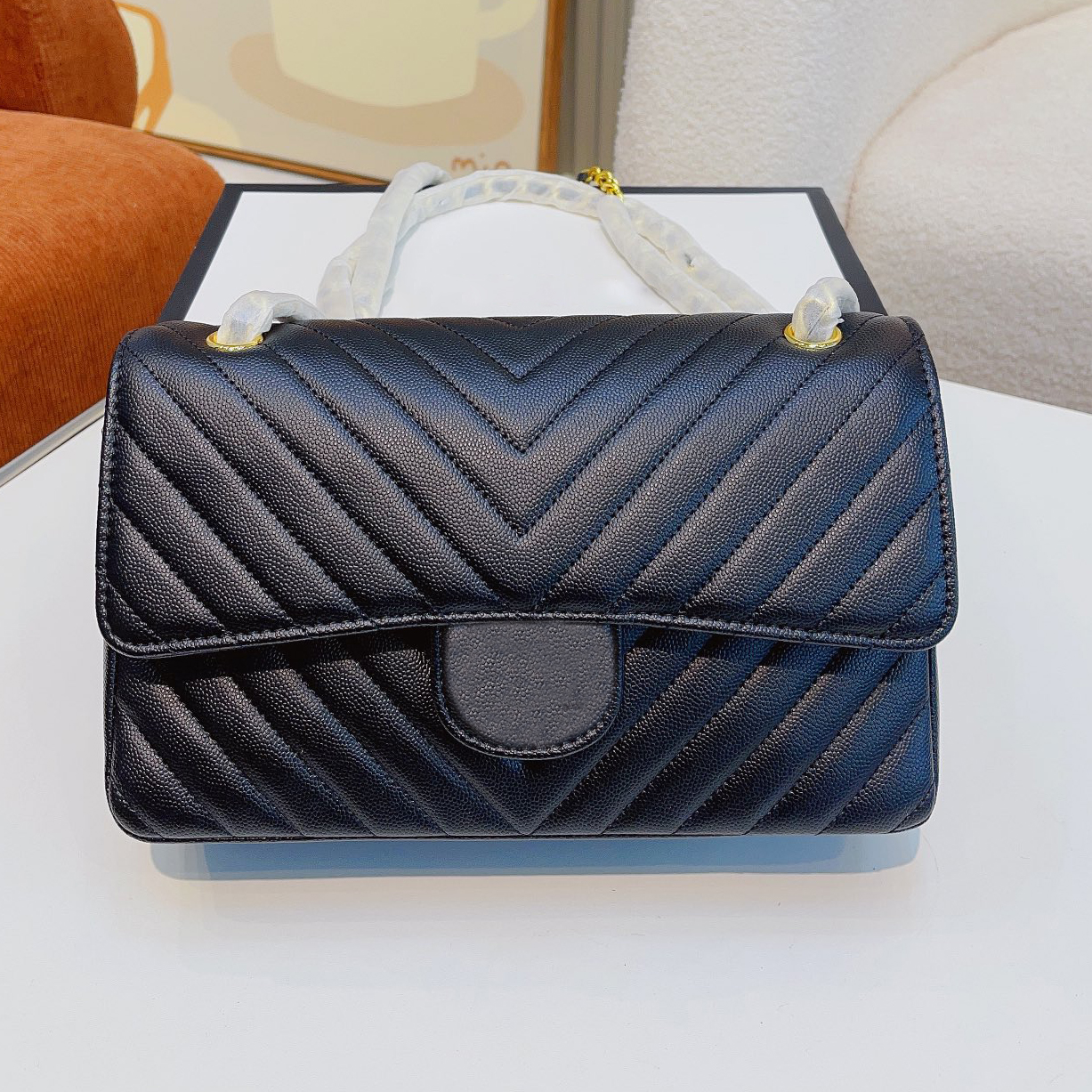 

Vintage Chevron Caviar Lambskin Double Flap Bags Designer Calfskin Genuine Leather Quilted Metal Hardware Chain Luxury Multi Pockets Handbags Wallets 25x6x15CM, Box