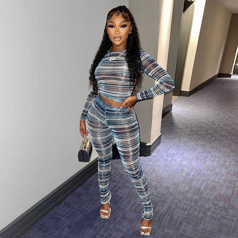 

Women' Two Piece Pants Echoine Autumn Long Sleeve Striped Print Crop Top pants Set Hot Stamping Short Tshirt Leggings Two Pieces Set Tracksuit Outfits T230113, Blue
