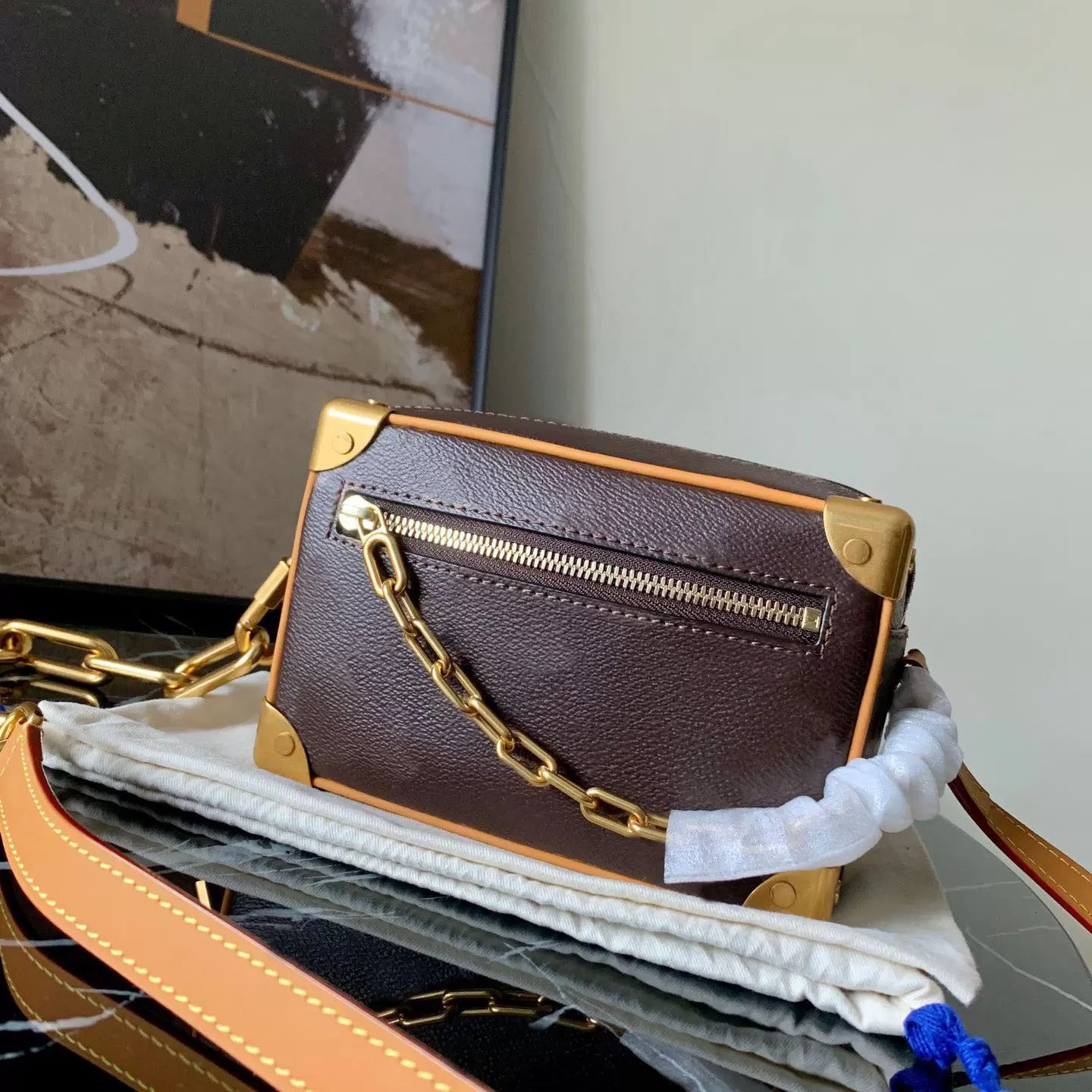 

MINI TRUNK designer men bag canvas embossed print genuine calf-leather Chain box cross-body shoulderbag purse handbag clutch