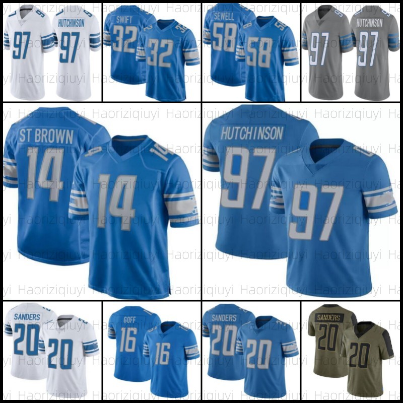 

Aidan Hutchinson Amon-Ra St. Brown Football Jersey Barry Sanders Jared Goff D'Andre Swift Penei Sewell Derrick Barnes Jameson Williams mens women youth kids, Men jersey