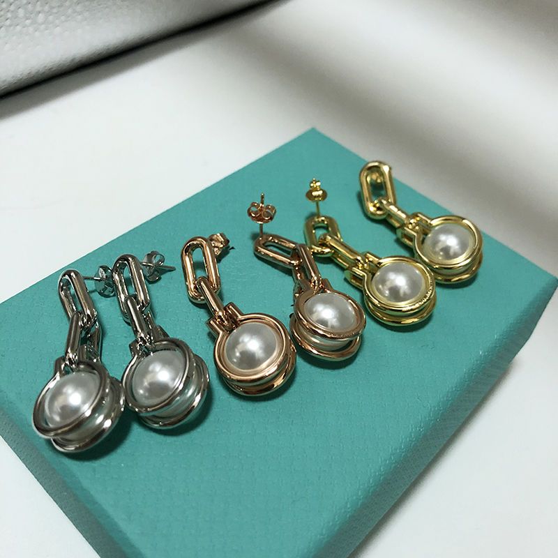 

Double Dangle link chain Pearl Stud 18k gold plated luxury brand designer letter heart earrings luxury women minimalist earrings wedding jewelry