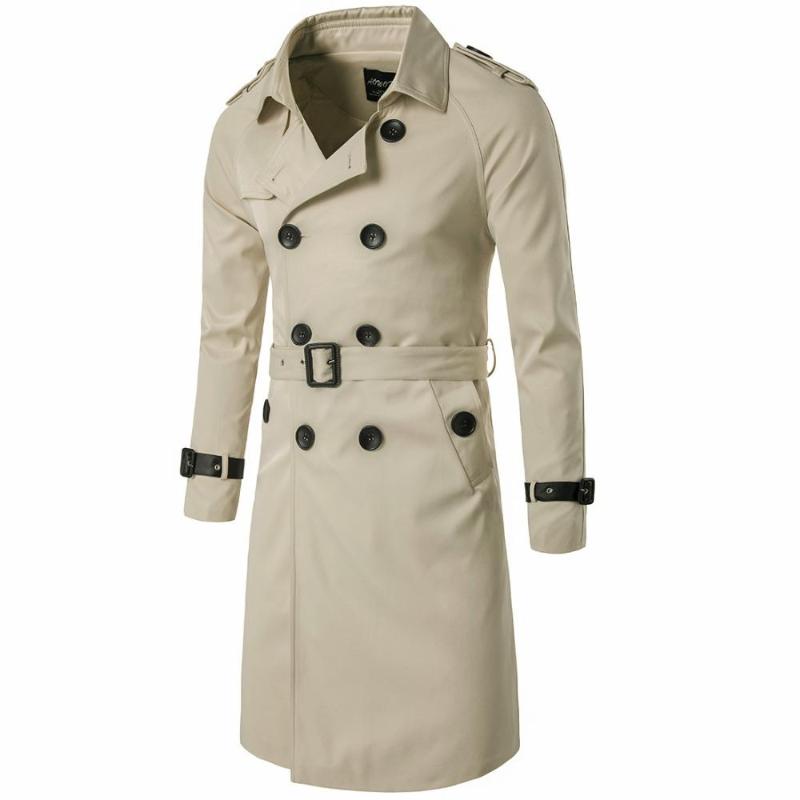 

Men's Trench Coats Men Trenchcoat British Style Classic Coat Jacket Double Breasted Long Slim Outwear Adjustable Belt Leather Sleeve, Black
