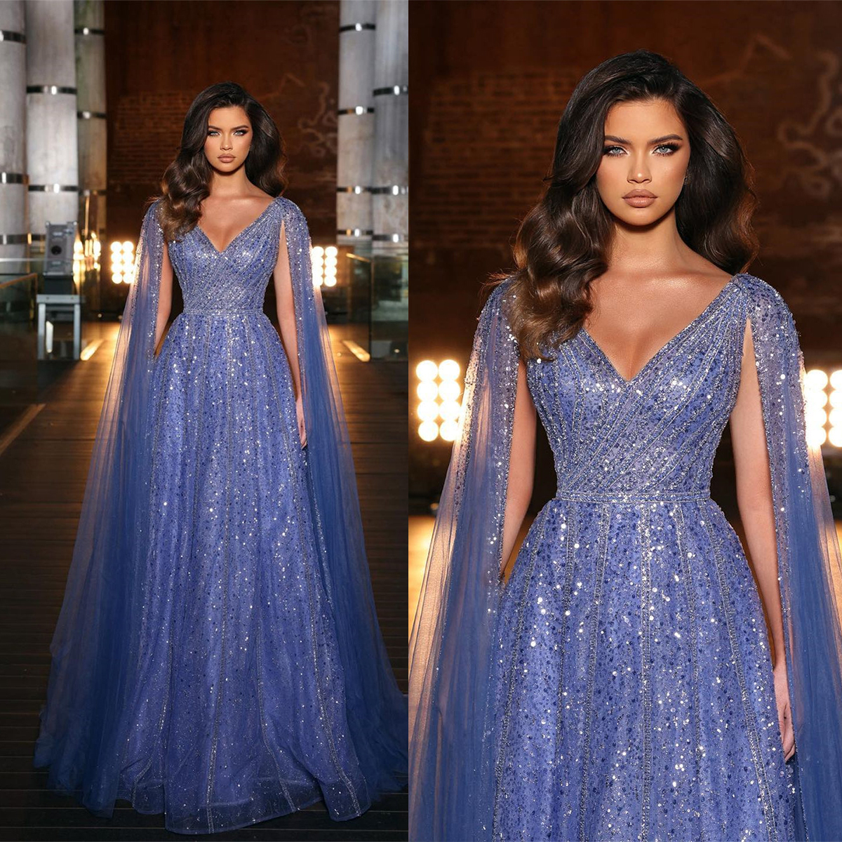 

Sparkly A-line Evening Dresses Sleeveless V Neck Capes Beaded 3D Lace Appliques Sequins Floor Length Celebrity Beaded Formal Prom Dresses Gowns Party Dress, Khaki