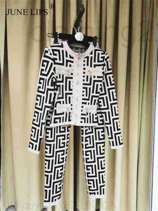 

June lips tide brand high quality 2022 women jacquard bandage top long blazer elegant pants define suits designer wholesale, Black