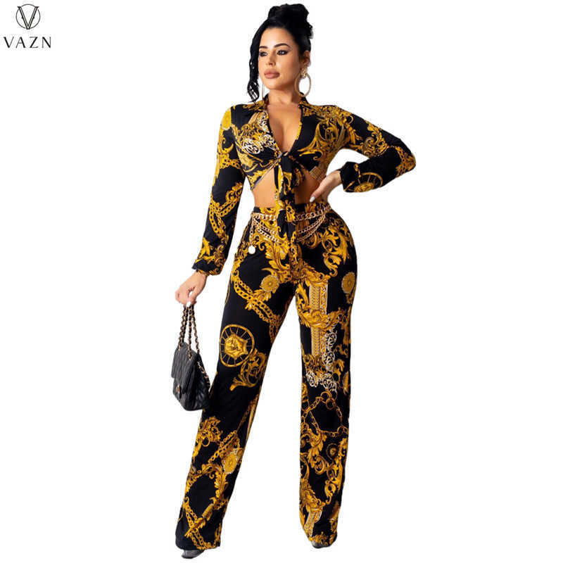 

Women's Two Piece Pants VAZN 2021 Lady Fashion New Sexy Girl Style Sets Long Sleeve Lapel Short Top Elastic Long Pants Printed 2 Piece Sets T230113, Gold