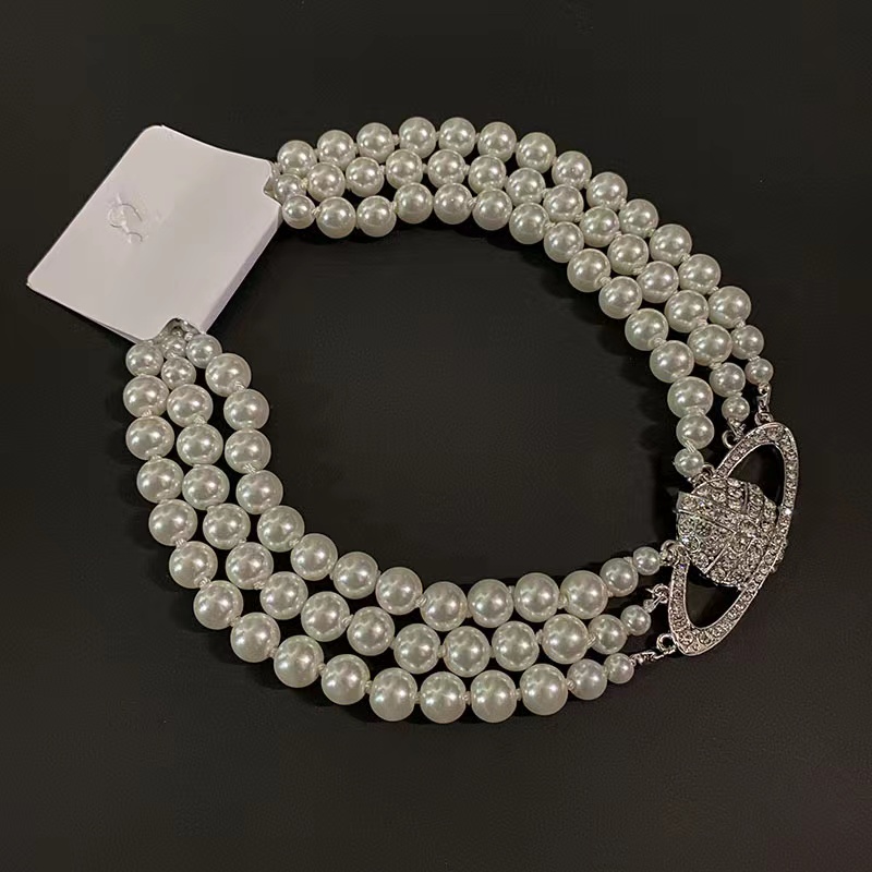 

European and American retro three-layer pearl necklace full diamond satellite necklace female