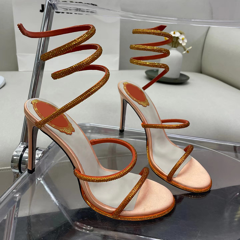 

Women sandals rhinestone stiletto sandal Fashion Classic super-high heels Luxury designer dress shoes Satin snake-shaped coiling party Leather sole, Green