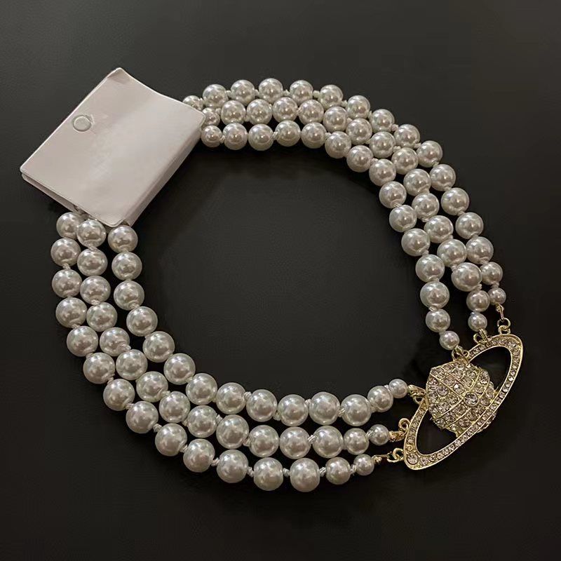 

Designer jewelry European and American retro three-layer pearl necklace full diamond satellite necklace female