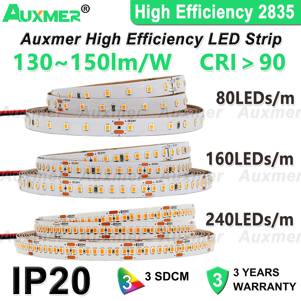 

Auxmer High Efficiency LED Strip lights 130-150lm/w CRI90 Energy saving 2835 240leds/m 160leds/m 80leds/m DC24V IP20 5m