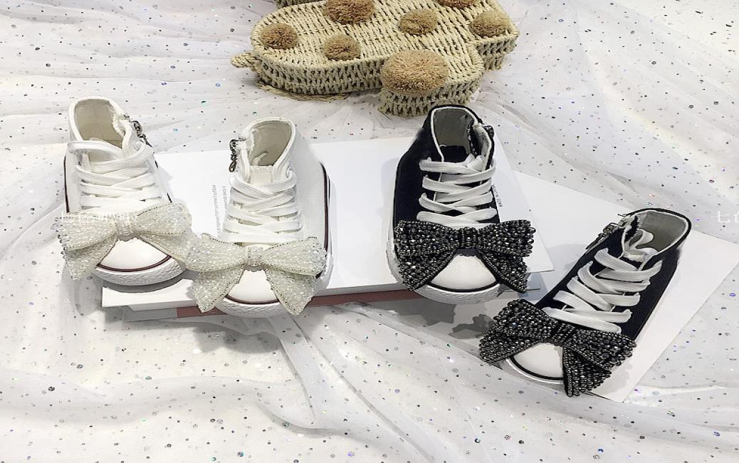 

DIY Children039s hightop rhinestone bow canvas shoes niche design casual female baby shoes 23346901598, Black