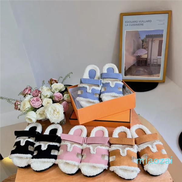 

Designer Men Women Slippers Winter Flats Slides Brown Leather Wool H Sandals