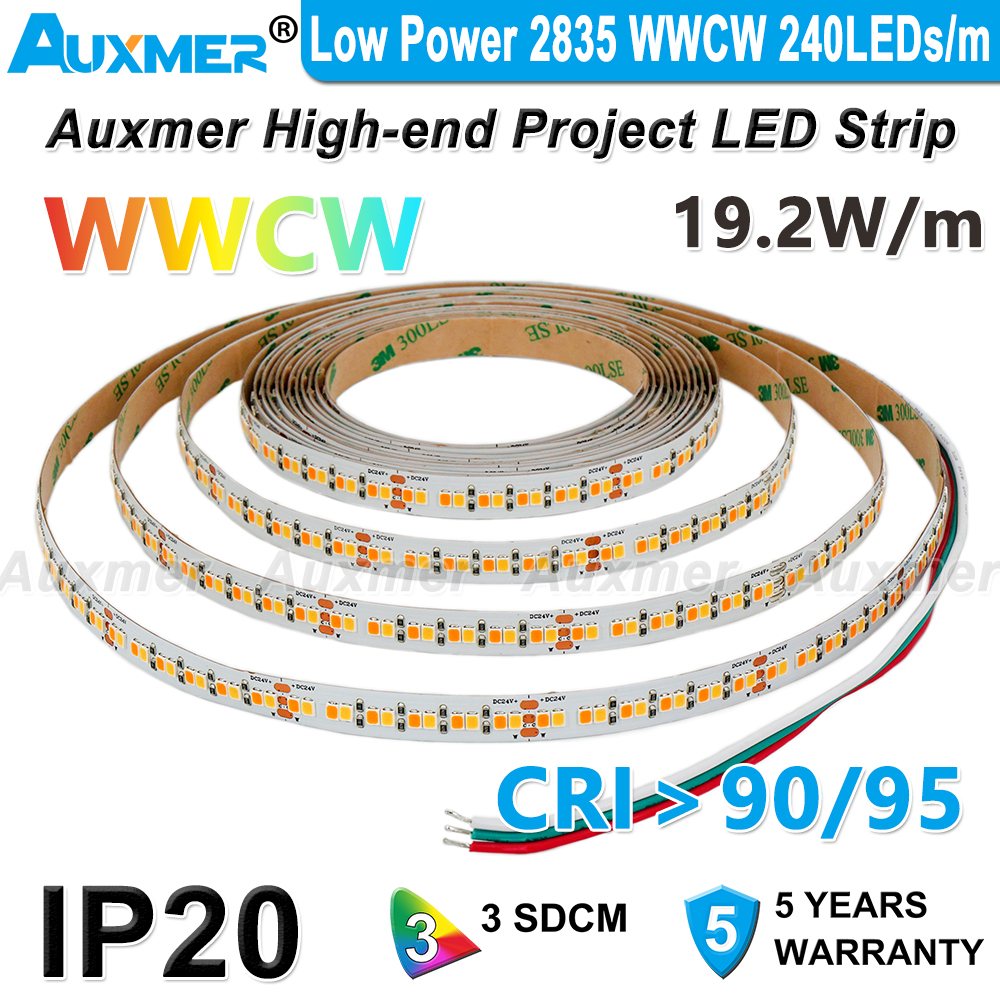 

Auxmer Low Power 2835 WWCW LED Strip Lights High density 240LEDs/m Led Tape IP20 CRI95/90 19.2W/m CCT Color temperature adjustable LED 24V
