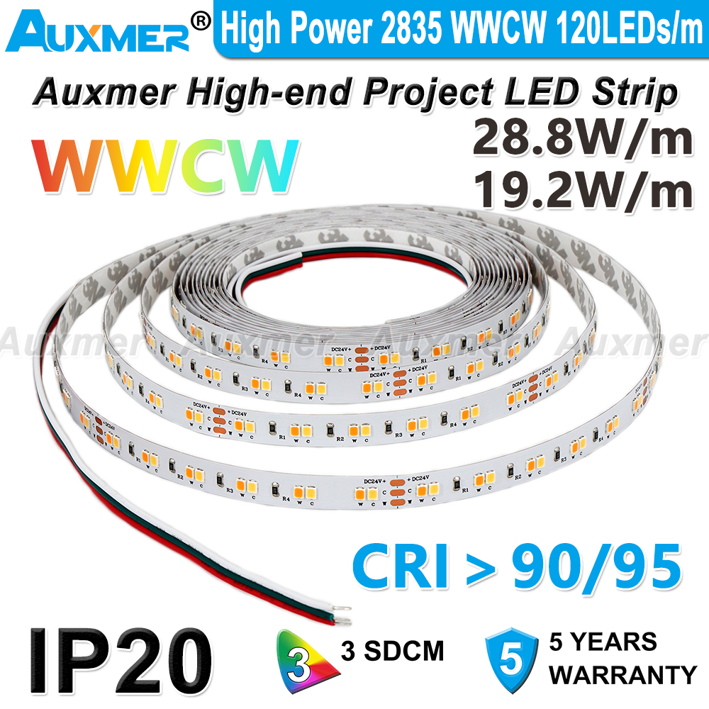 

Auxmer High Power 2835 WWCW 120LEDs/m LED Strip Lights CRI95 CRI90 IP20 DC12V/24V 28.8W/m 19.2W/m 5m CCT Color temperature adjustable LED Tape
