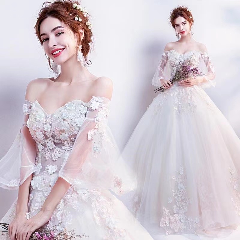 Luxury Arabe A LINE Robes de mari←e 2023 Princesse Manches longues 3D Fleurs de mari←es en perles de dinde D←tails de dentelle de fleur de dinde