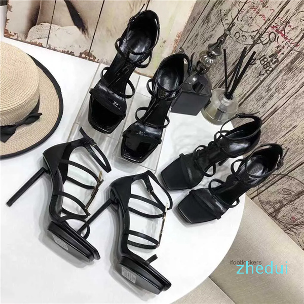 

Women Leather high heel sandal cassandra patent leather lady heels sexy open-toe golden letters stiletto heel with box size 35-41