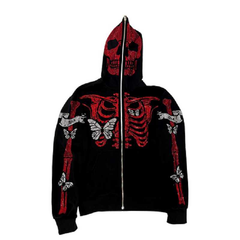 

Men's Hoodies Sweatshirts Rhinestone Skeleton Butterfly Zip Hoodie Grunge Harajuku Female Streetwear zip Up Oversized clothes EMO vintage top jacket Punk 011623H, White