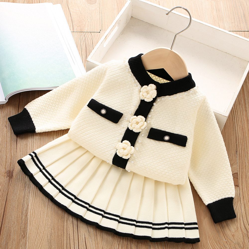 

Child Girls Sets Sweater Clothing Spring Autumn Lovely Floral Suit Knit Cardigan Sweater with Short Skirt 2pcs Kids Outfits, Beige