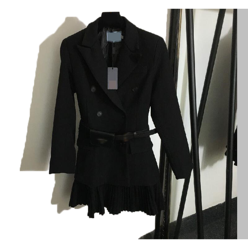

Designer Fashion Womens Shirt Coat Top Long Sleeved Black Top Waist Double Breasted Pleated long-sleeved Suit Dress Top Size S  L